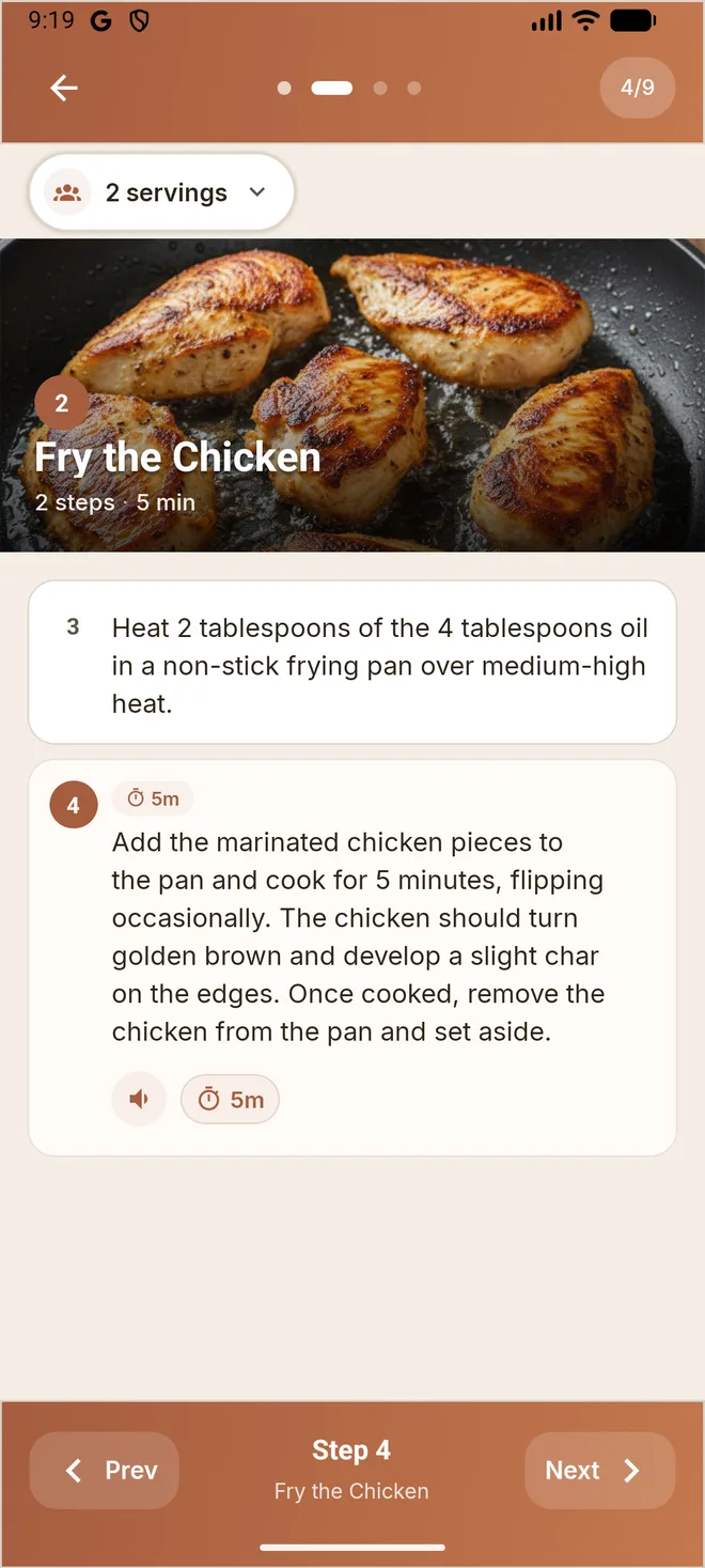 Wasfa Cook Mode showing a timed cooking step