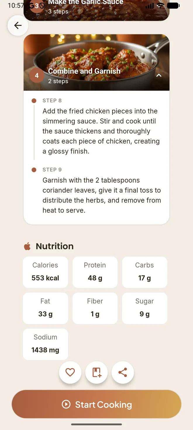 Wasfa nutrition panel with calories, protein, carbs, and fat