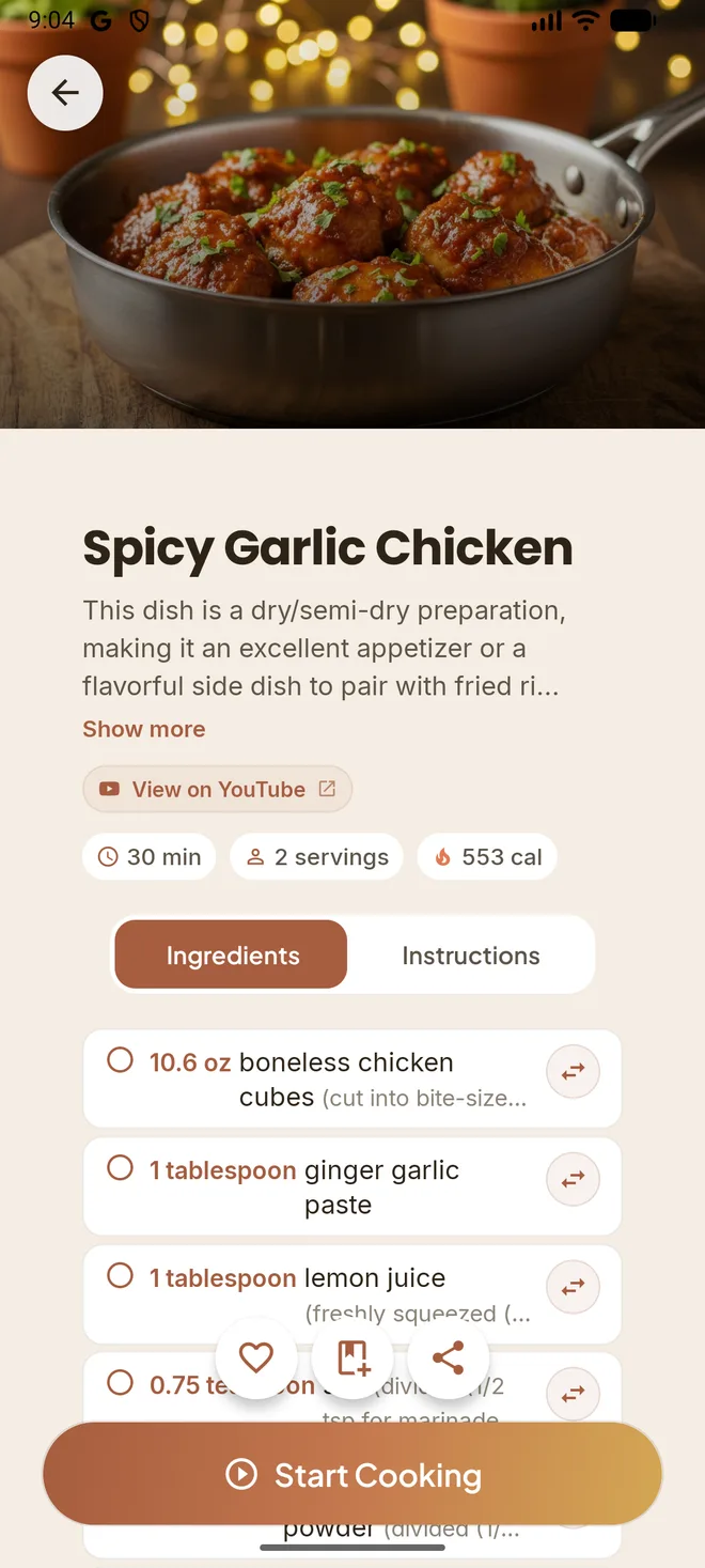A saved recipe in Wasfa with ingredients and instructions